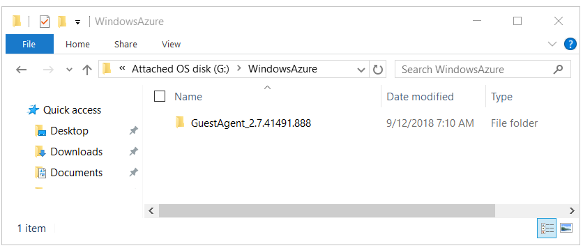 接続されている OS ディスク内の GuestAgent フォルダーの例のスクリーンショット。
