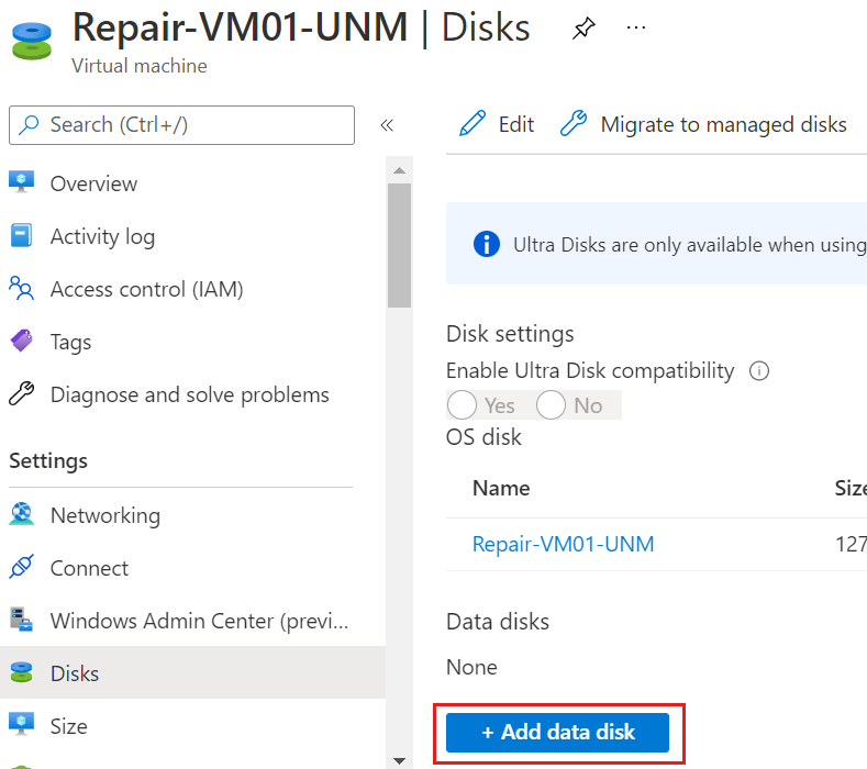 Azure portal の修復 VM の [ディスク] ブレードのスクリーンショット。[データ ディスクの追加] ボタンが強調表示されています。