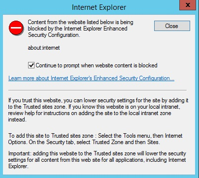 [Web サイトのコンテンツがブロックされたときのプロンプトを続行する] オプションが選択されている Internet Explorer ダイアログ ボックスのスクリーンショット。