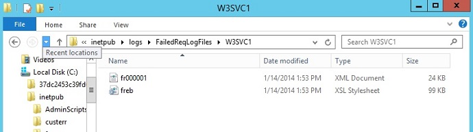 失敗した Req Log Files ディレクトリの W 3 S V C 1 フォルダーのスクリーンショット。