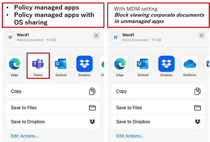 Intune で展開されていない場合に、iOS 共有拡張機能に Teams アプリが表示されない方法を示す例。