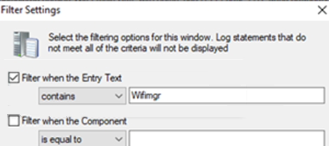 [フィルター設定] で wifimgr が検索されていることを示すスクリーンショット。