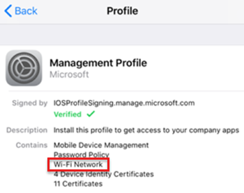 Intune の iOS/iPadOS デバイスの管理プロファイルのスクリーンショット。