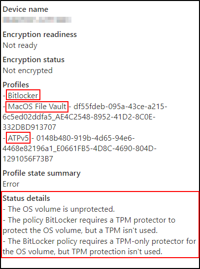 デバイスが暗号化の準備ができておらず、暗号化されていないことを示す Intune の状態の詳細。