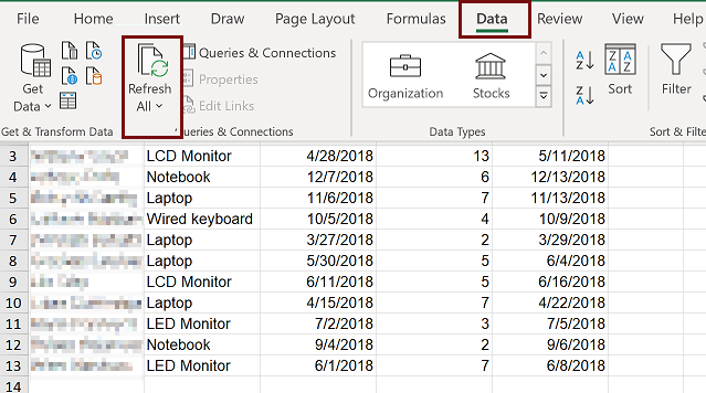 Excel でアプリ データを更新する方法を示すスクリーンショット。