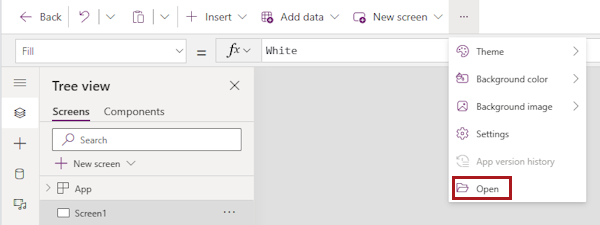 Power Apps Studio のメニュー バーの末尾に、その他のメニュー項目が含まれているポップアップを示すスクリーンショット。[開く] オプションが強調表示されています。