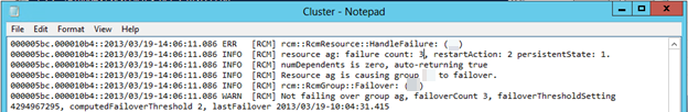 メモ帳のCluster.log ファイルのスクリーンショット。