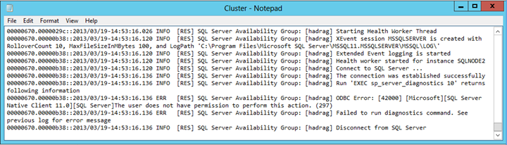 ケース 2 のメモ帳のCluster.log ファイルのスクリーンショット。