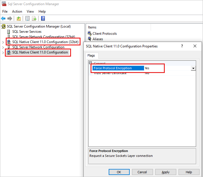 SQL Server 構成マネージャーの SQL Native Client 11.0 構成プロパティのスクリーンショット。