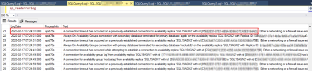 SQL19AGN1 エラー ログで報告された接続タイムアウトを示すスクリーンショット。