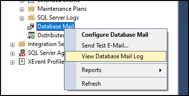 [view データベース メール log item in データベース メール menu] のスクリーンショット。