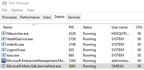OMSDK サービスの PID のスクリーンショット。
