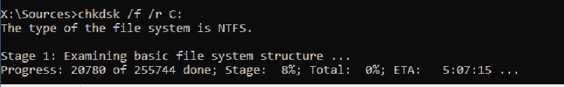 chkdsk コマンドの出力のスクリーンショット。