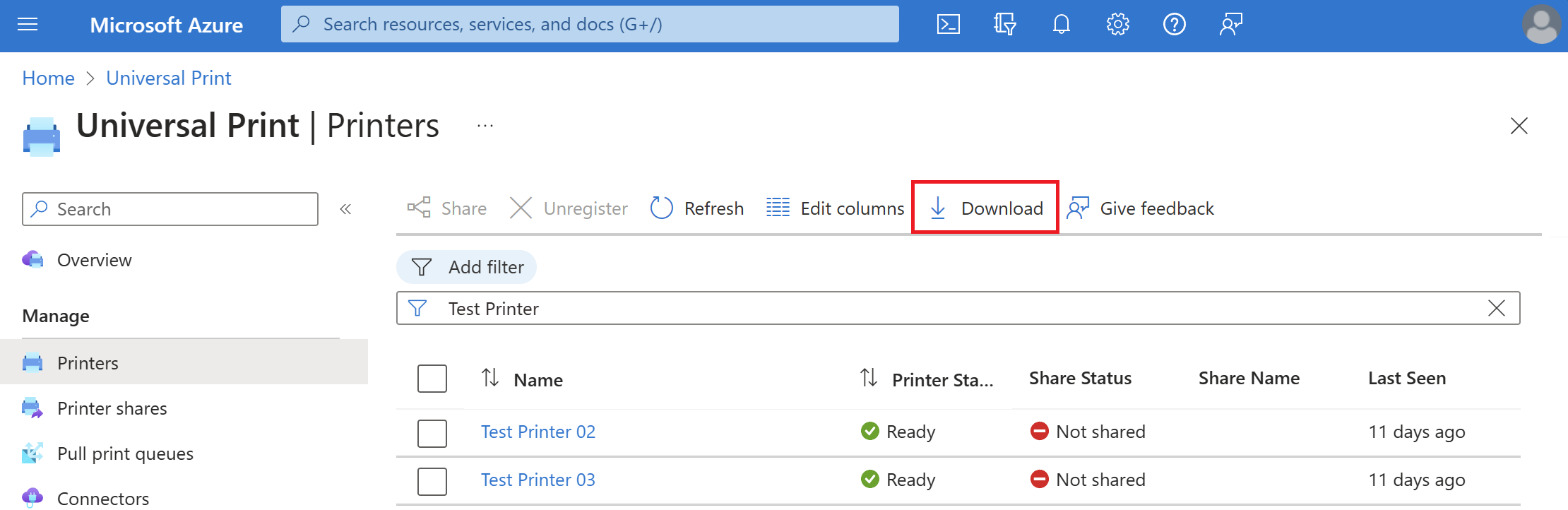 Azure portal の [CSV ダウンロード] ボタンのスクリーンショット