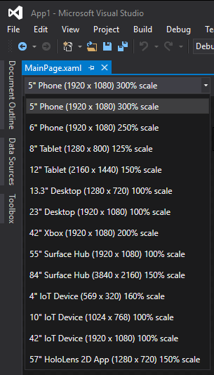 Visual Studio 2015 デバイス プレビュー ツール バー