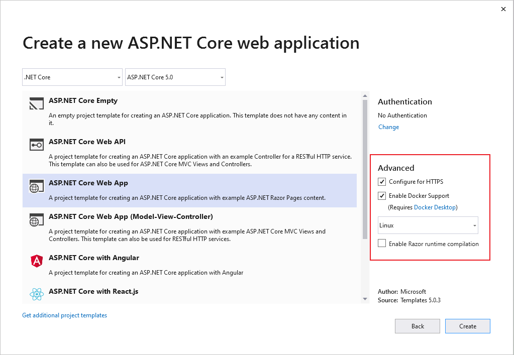 Visual Studio 2019 の ASP.NET Core Web アプリ プロジェクトの作成方法を示すスクリーンショット。