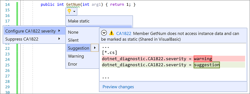 Visual Studio 2019 のメニューから選択されたルールの重要度を示すスクリーンショット。