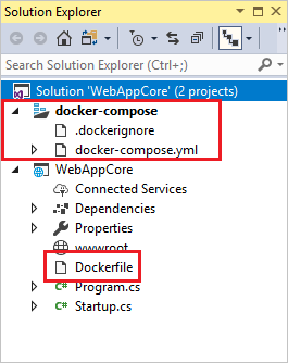 Visual Studio のソリューション エクスプローラーに表示された Docker ファイルのスクリーンショット。