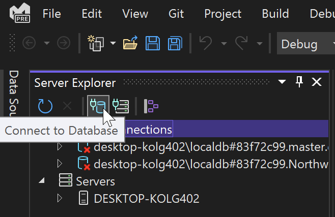 サーバー エクスプローラーの [データベースへの接続] アイコンを示すスクリーンショット。