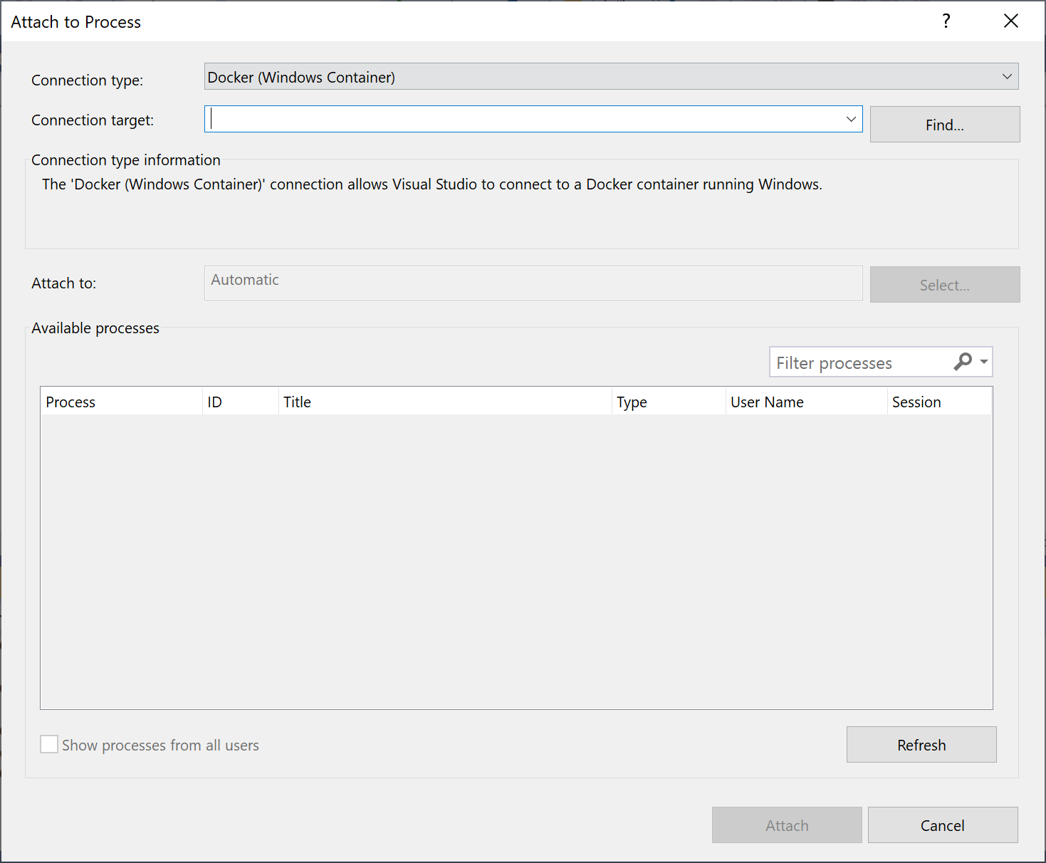 Docker (Windows コンテナー) の接続の種類が表示されている Visual Studio の [プロセスにアタッチ] ダイアログのスクリーンショット。