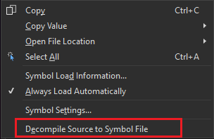 ソースの逆コンパイル コマンドが含まれる、[モジュール] ウィンドウでのアセンブリのコンテキスト メニューのスクリーンショット。