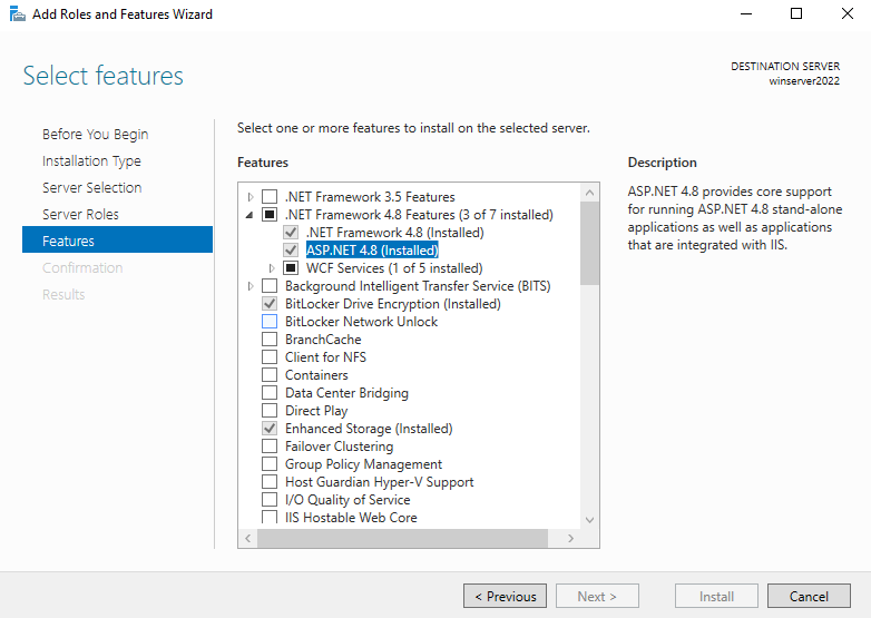 IIS 用の [役割と機能の追加] のスクリーンショットを示す IIS のスクリーンショット: ASP.NET 4.8 が選択されています。