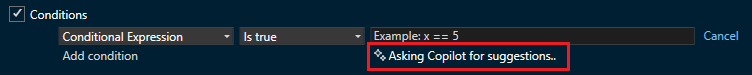 条件付きブレークポイントの候補に対して動作する Copilot のスクリーンショット。