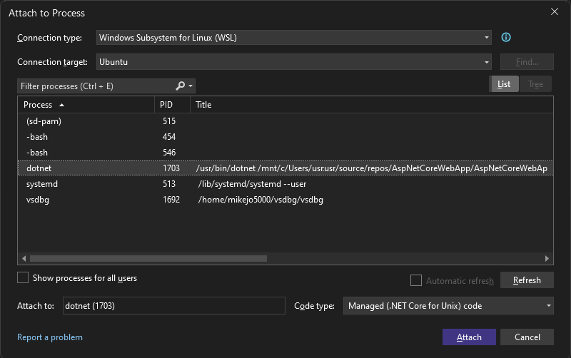 [プロセスにアタッチ] ダイアログ ボックスの WSL プロセスのスクリーンショット。