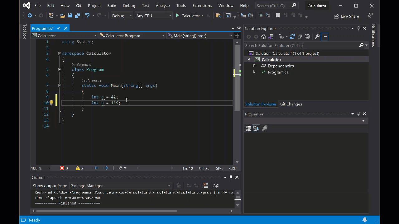 Animation of integer math code that shows the IntelliSense autocomplete feature in the Visual Studio IDE.