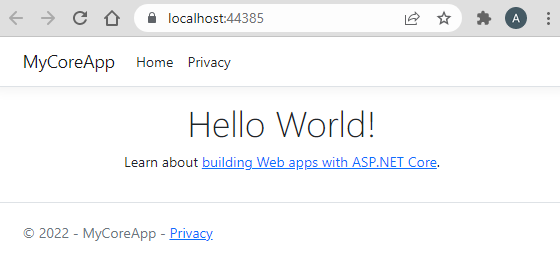 Screenshot shows the Home page for the web app in the browser window. The updated text says 'Hello World!'