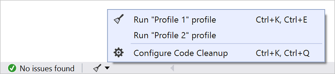 Visual Studio の [コードのクリーンアップ] アイコンとメニューのスクリーンショット。