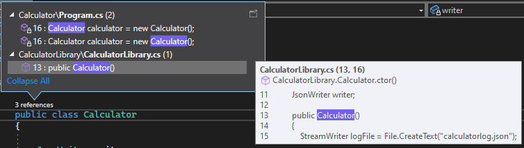 CodeLens を示すスクリーンショット。