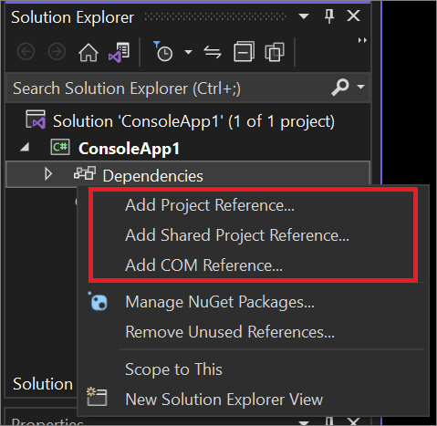 ソリューション エクスプローラーのコンテキスト メニューの [参照の追加] ダイアログのスクリーンショット。