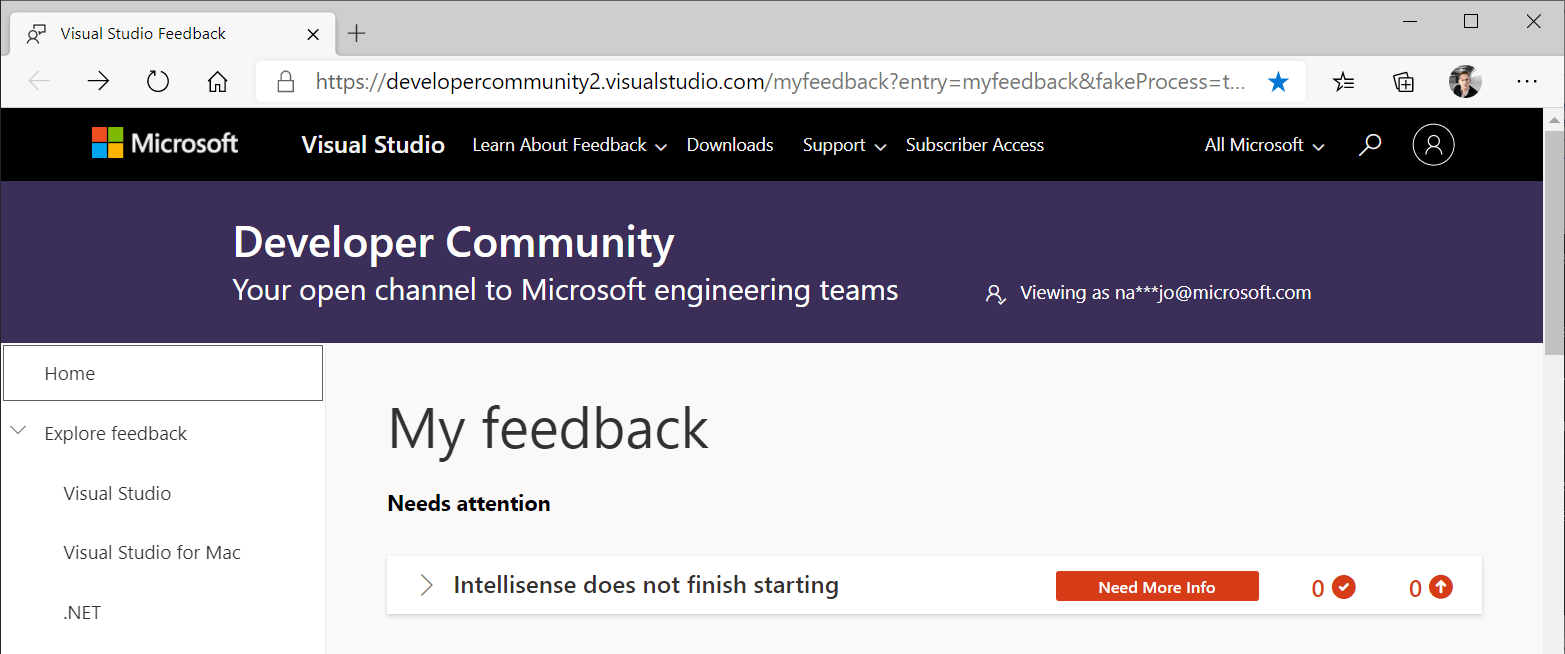 Visual Studio フィードバック ウィンドウの [ホーム] ページのスクリーンショット。1 つのフィードバック項目が一覧表示され、赤の [詳細情報が必要] ラベルでマークされています。