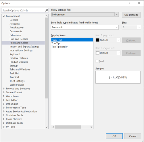 IDE 内のフォントと色を変更するための [オプション] ダイアログ ボックスのスクリーンショット