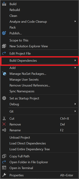 ソリューション エクスプローラーのプロジェクト ノードの右クリック コンテキスト メニューのスクリーンショット。