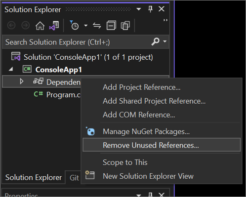 ソリューション エクスプローラーのコンテキスト メニューの [Remove Unused Reference] (未使用の参照を削除する) ダイアログのスクリーンショット。