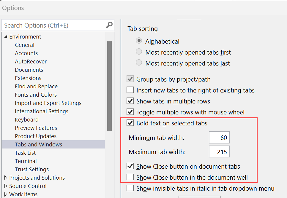 Visual Studio のタブをカスタマイズするための新しいカスタム編成オプションのスクリーンショット。