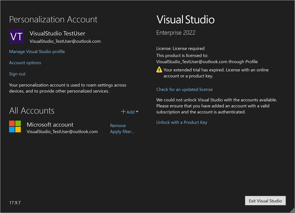 Visual Studio の有効期限切れライセンス通知のスクリーンショット。