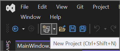 Visual Studio 2022 の [新しいプロジェクト] ボタンのスクリーンショット。