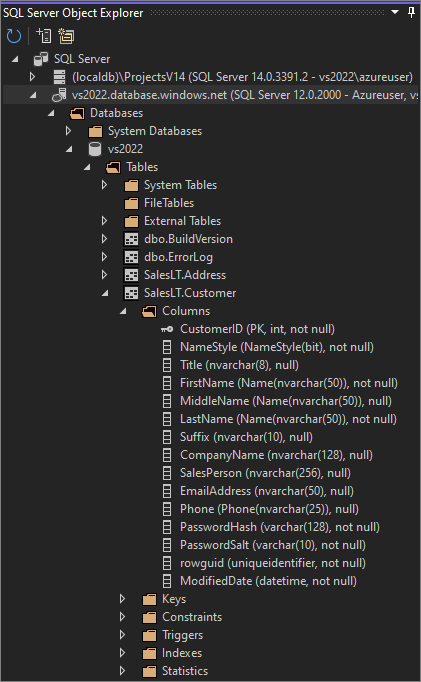 SQL Server オブジェクト エクスプローラー ウィンドウを示すスクリーンショット。