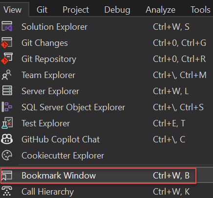 [表示] メニューの [ブックマーク] ウィンドウ オプションが表示されているスクリーンショット。