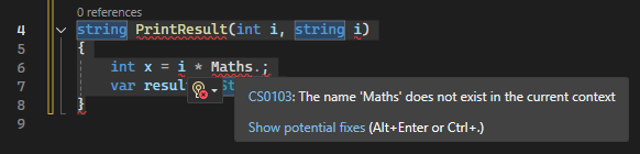 Visual Studio のクイック アクションの潜在的な修正とエラーの電球アイコンを示すスクリーンショット。