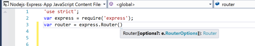 JavaScript コードが入力されている Visual Studio のコード ウィンドウのスクリーンショット。Router() 関数に対する IntelliSense 情報が表示されています。