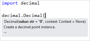 Visual Studio エディターのシグネチャ ヘルプを示すスクリーンショット。