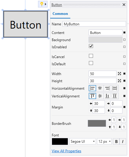 ボタンの XAML デザイナー クイック アクション