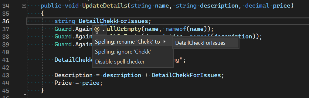 識別子 DetailChekkForIssues にスペルミスの単語があり、Visual Studio エディターによって、