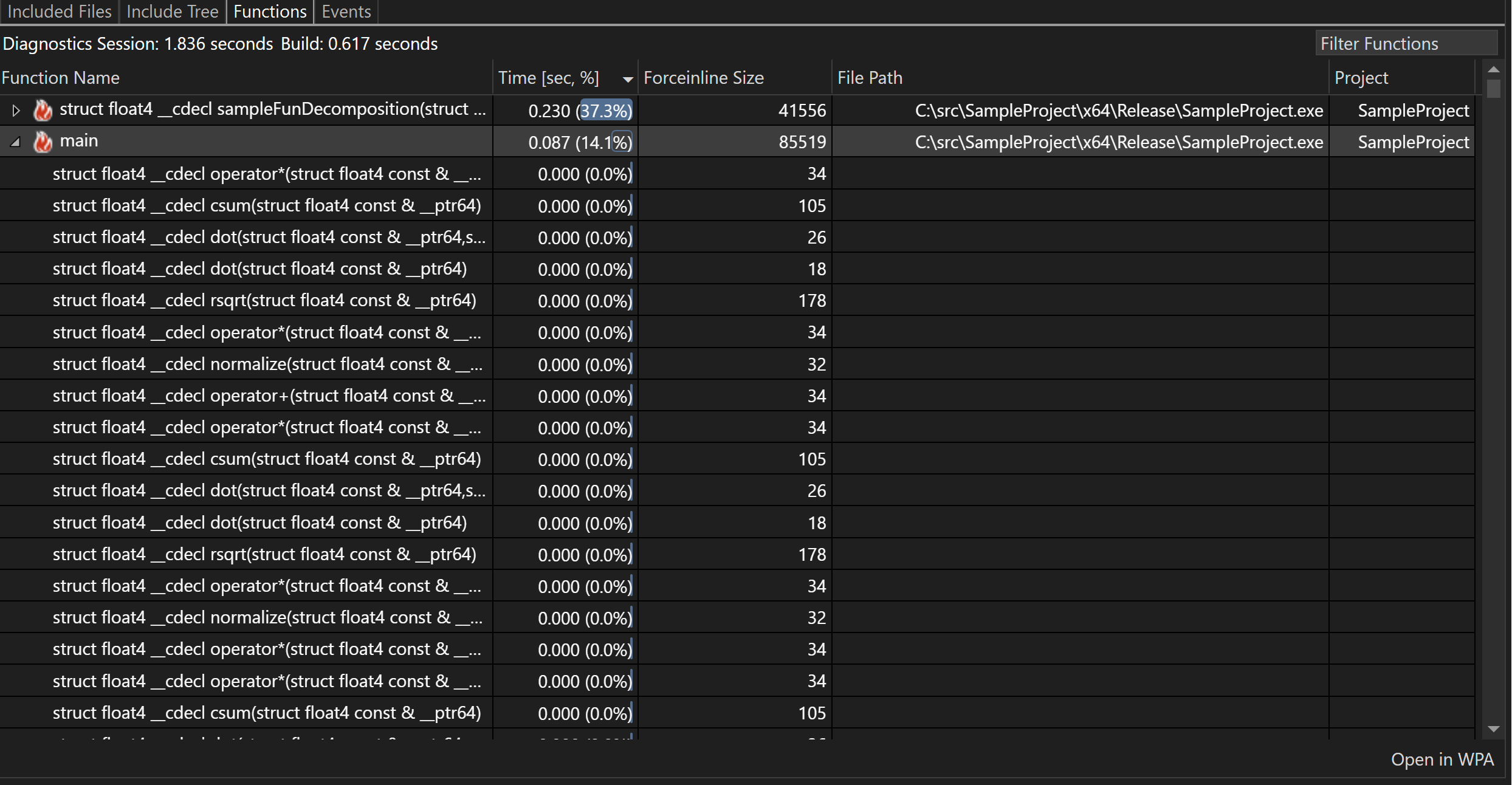 Build Insights Functions ビュー