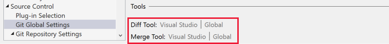 [オプション] ダイアログ ボックスで既定の差分ツールとマージ ツールを設定するセクションを示すスクリーンショット。