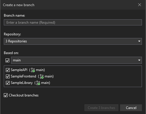 Visual Studio の [新しいブランチを作成する] ダイアログ ボックスのスクリーンショット。